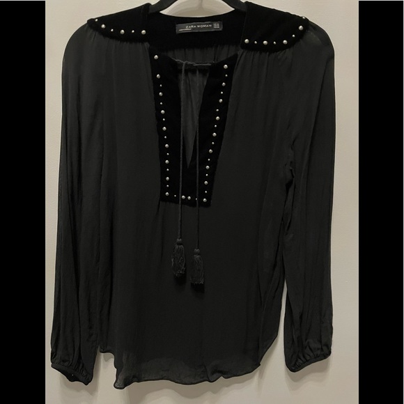 Zara black boho velvet studded sheer blouse - Picture 4 of 5